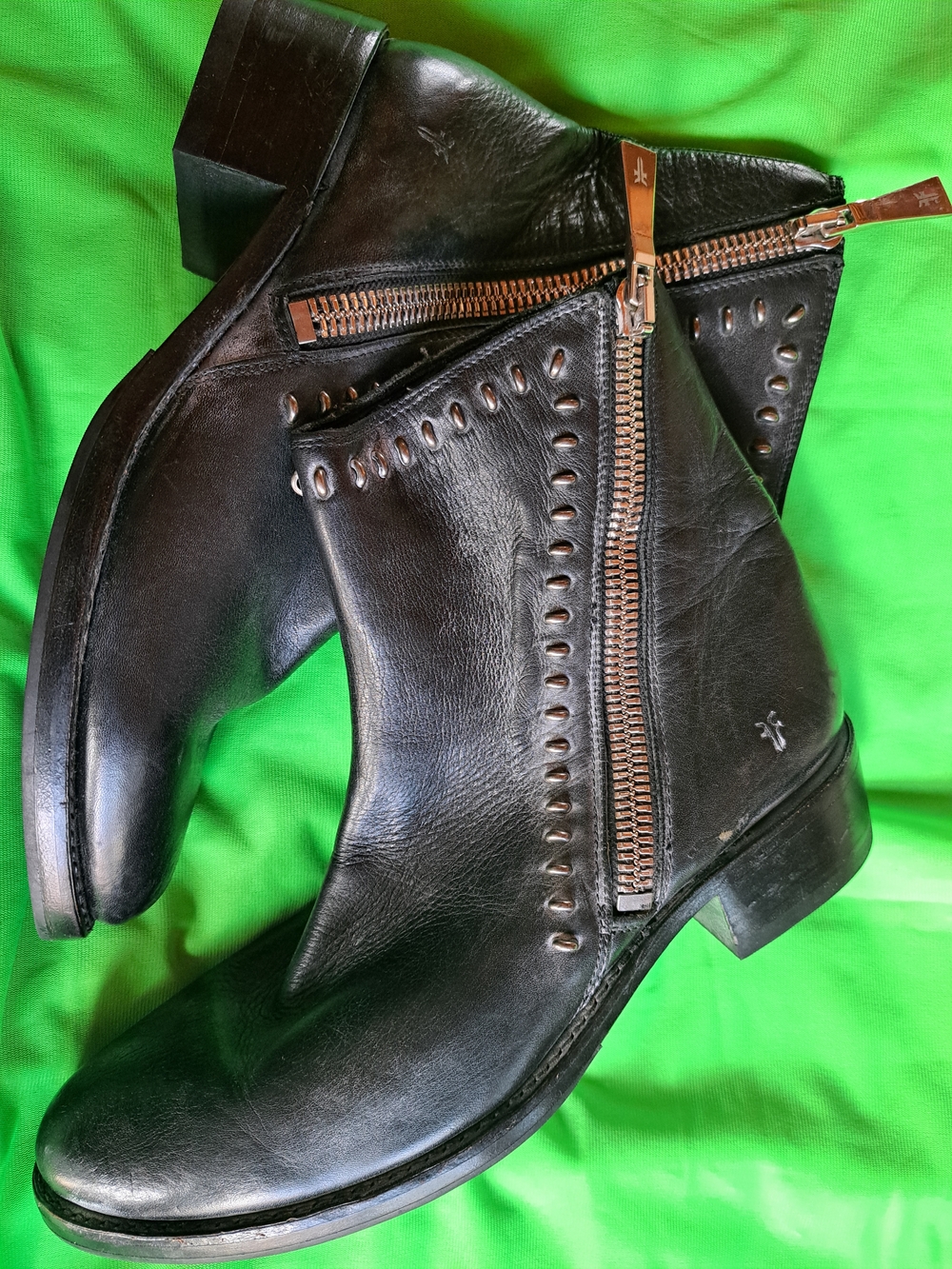 Frye Black Leather Studded Ankle Boots with Silver Zipper - Picture 4 of 7